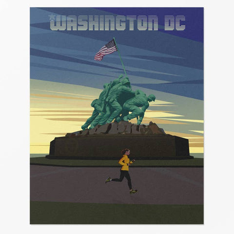 Illustration of the Iwo Jima Memorial in Washington DC with a person running in the foreground.