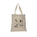 Beige tote bag with black graphics and text on a white background