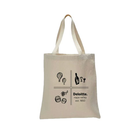Beige tote bag with black graphics and text on a white background