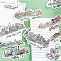 Sticker set with illustrated city skylines of various cities on a green and white background.