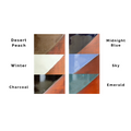 Color swatches labeled Desert Peach, Winter, Charcoal, Midnight Blue, Sky, and Emerald on a white background.