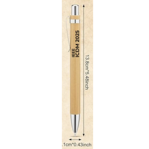 Wooden pen with silver cap and measurements on a white background