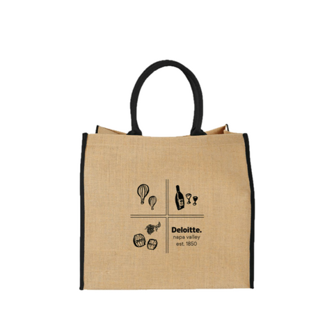 Beige tote bag with black handle and Deloitte logo on a white background