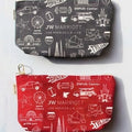 Two pouches, one gray and one red, with JW Marriott branding and travel-themed illustrations on a white background.