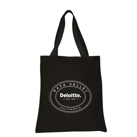 Black tote bag with 'Napa Valley Deloitte California' text on a white background