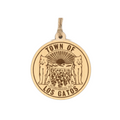 Gold pendant with 'Town of Los Gatos' text and emblem on a white background
