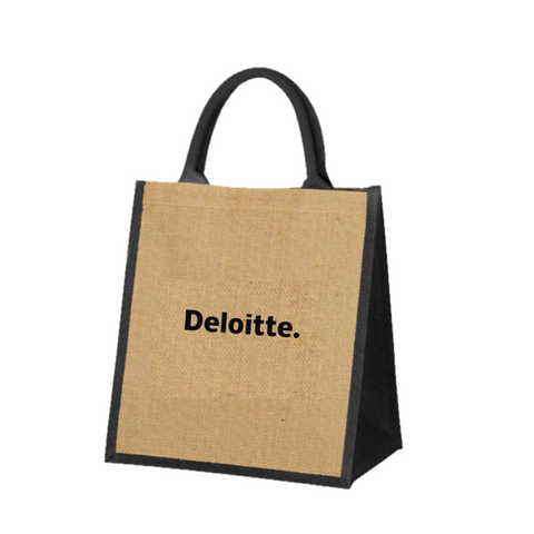 Jute bag with 'Deloitte.' text on a white background