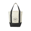 White and black striped tote bag with Deloitte logo on a white background