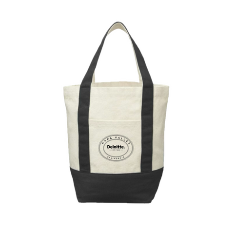 White and black striped tote bag with Deloitte logo on a white background
