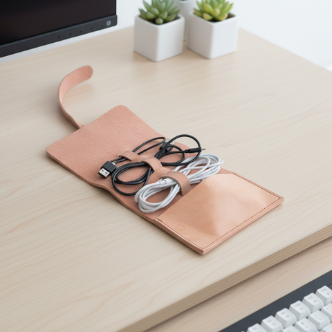 Desk with a leather cable organizer holding cables, next to a computer monitor and keyboard.