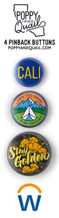 Three colorful buttons with text and graphics, featuring the brand 'Poppy and Quail'.